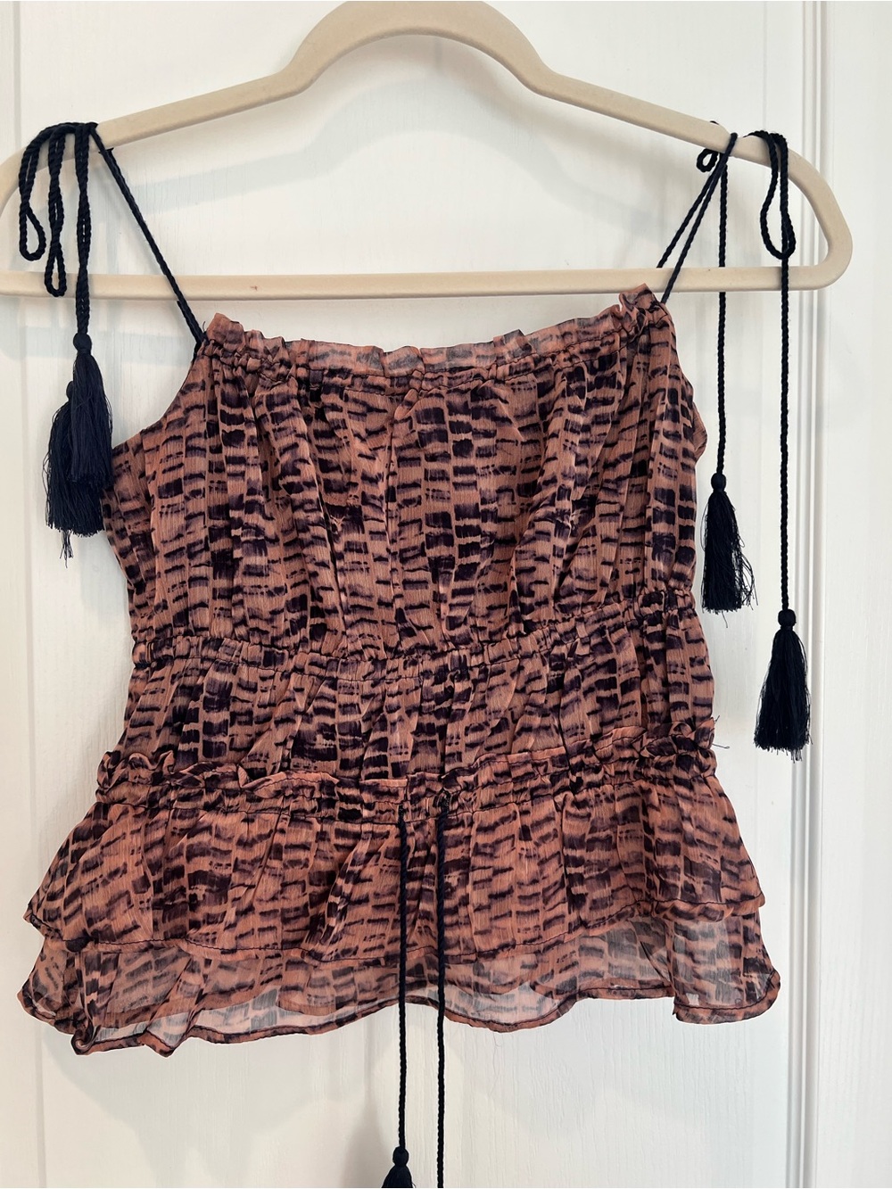 SAGE the label Canyon Echoes Peplum Blouse XS Animal Print Smocked Tassel NWT